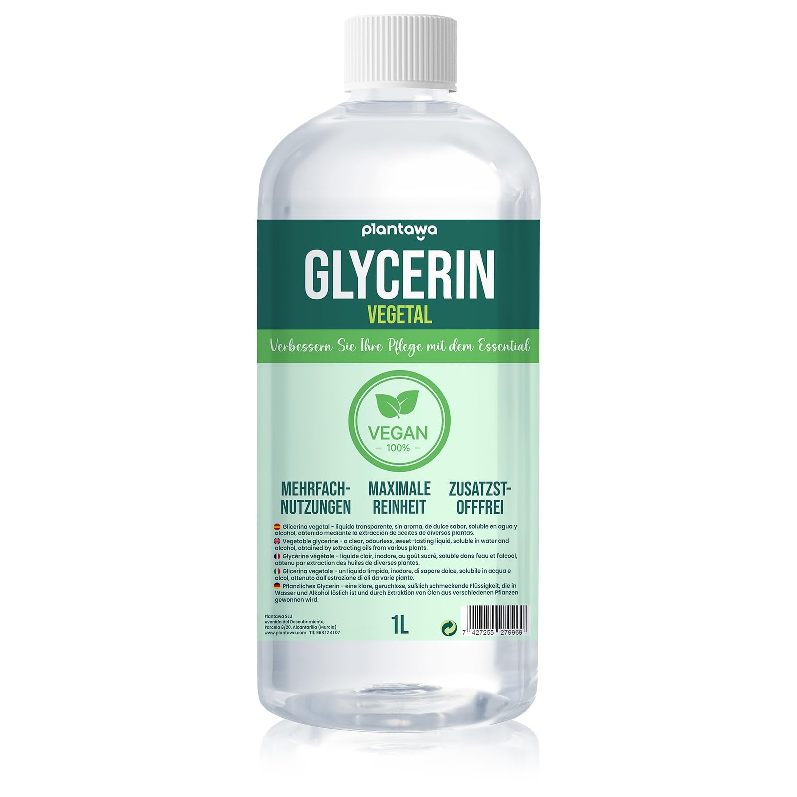PLANTAWA Pflanzliches Glycerin 1L | Glycerin 99,5% Für die Herstellung von Seifen, Feuchtigkeitsspendend und Feuchtigkeitserhaltend : Natürliches Flüssiges Glycerin | Für Seifen, Shampoos, Cremes