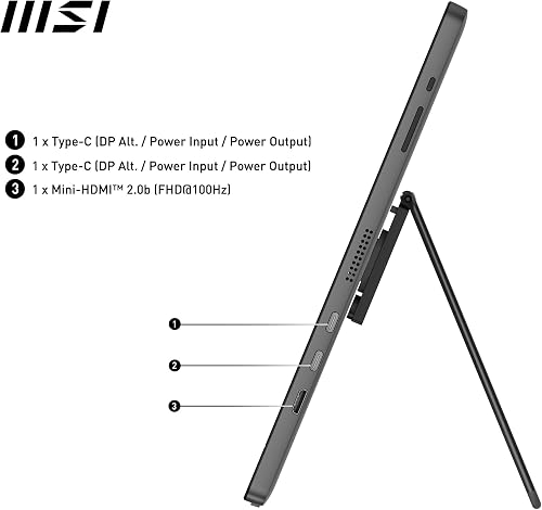 MSI PRO MP161 E2U 15.6 Inch Full HD Portable Monitor - 1920 x 1080 IPS Panel, 60Hz, Eye-Friendly Screen (PC, Laptop, Mobile), Speakers, Enhanced Chassis & Kickstand - Mini-HDMITM 2.0b (FHD@60Hz), 2 x USB Type-C - 8