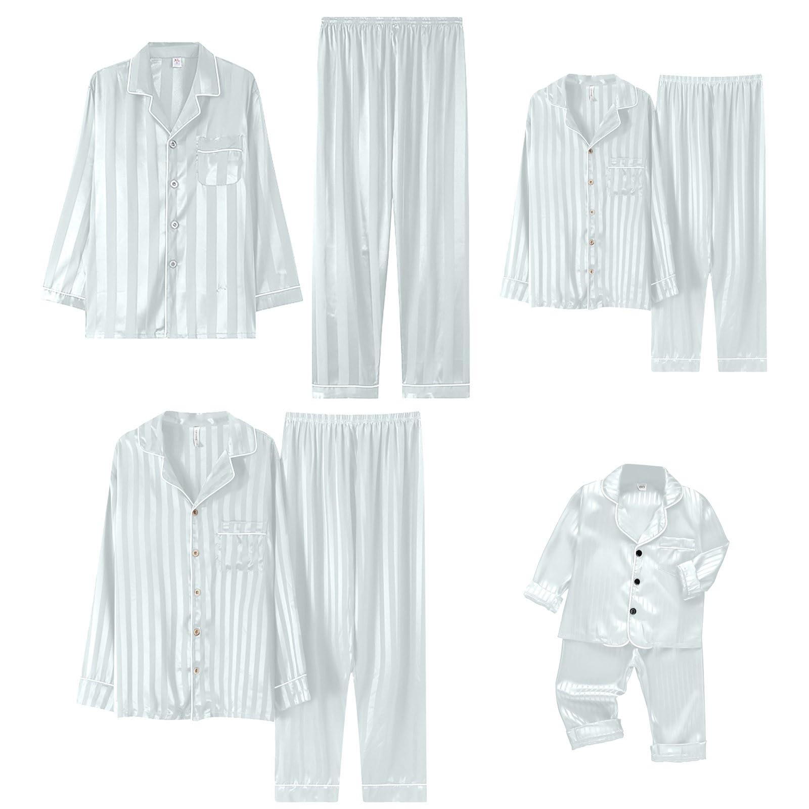 CGGMVCG Silk Satin Christmas Outfit for Family Striped Button Down Shirt and Pants Xmas Clothes Matching Sets (White, 15-16)