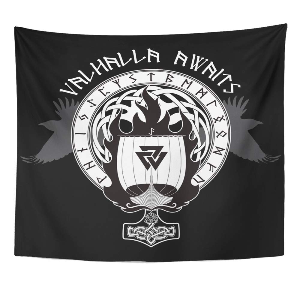 Emvency Black and White Tapestry Wall hanging Warship of Drakkar Fire and Black Warrior Home Decor Tapestries for Bedroom 50"x60"