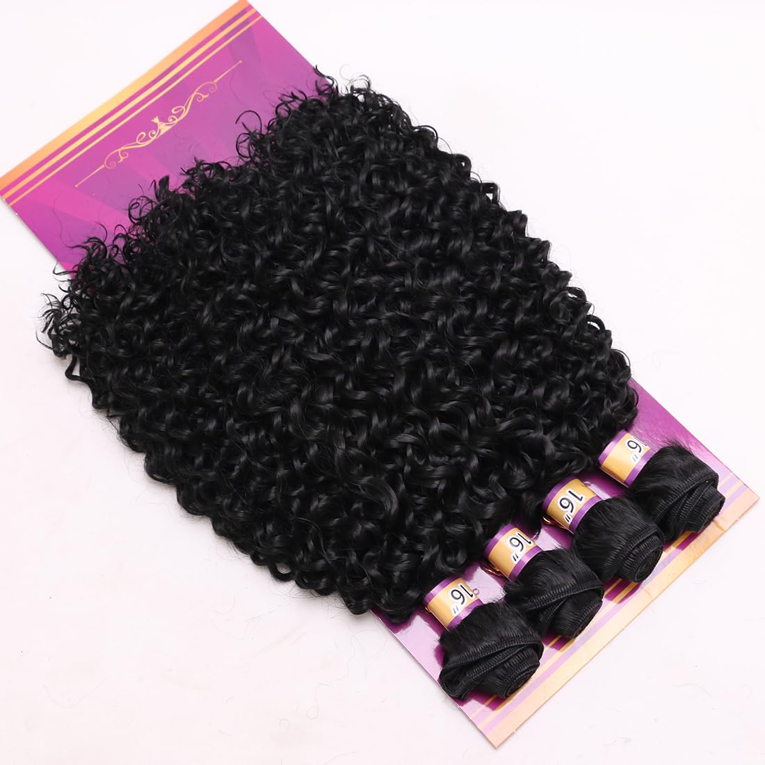Afro Kinky Curly Bundles Curly Synthetic Hair Quick Weave Bundle High Temperature Fiber Hair Extensions for Women Black Color 16 Inches 4Pieces (Color 1B#)