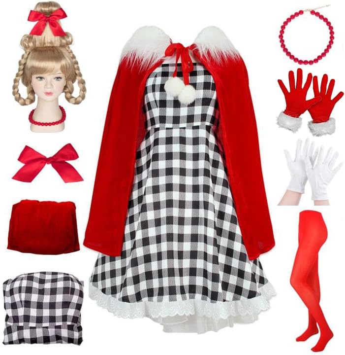 Pigmiss 8PCS Women Costume Adult Houndstooth Dress with Cindy Wig Cape Christmas Cosplay Costume Accessories 8pcs Medium