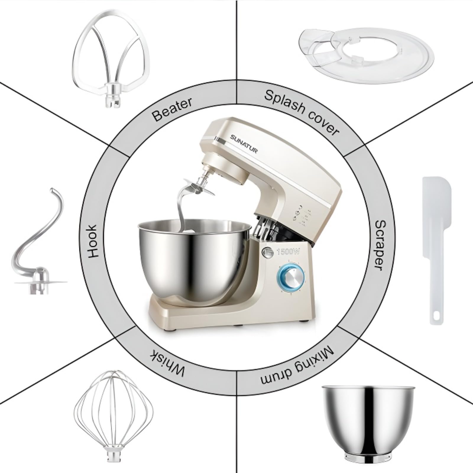 robot pâtissier, 8L, 1500W, 6 vitesses, batteur électrique de cuisine, tête de mixage inclinable et design antidérapant, bol de mixage en acier inoxydable. Livré avec 6 accessoires.