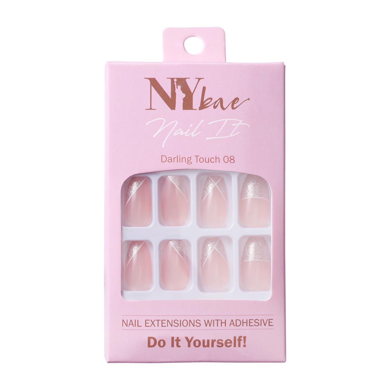 NY BaeNail It Nail Extensions With Adhesive - Darling Touch | 24 Nails Set | Acrylic Artificial Nails | Easy Application | Long Lasting | Nail Art Kit | Comfortable Wear