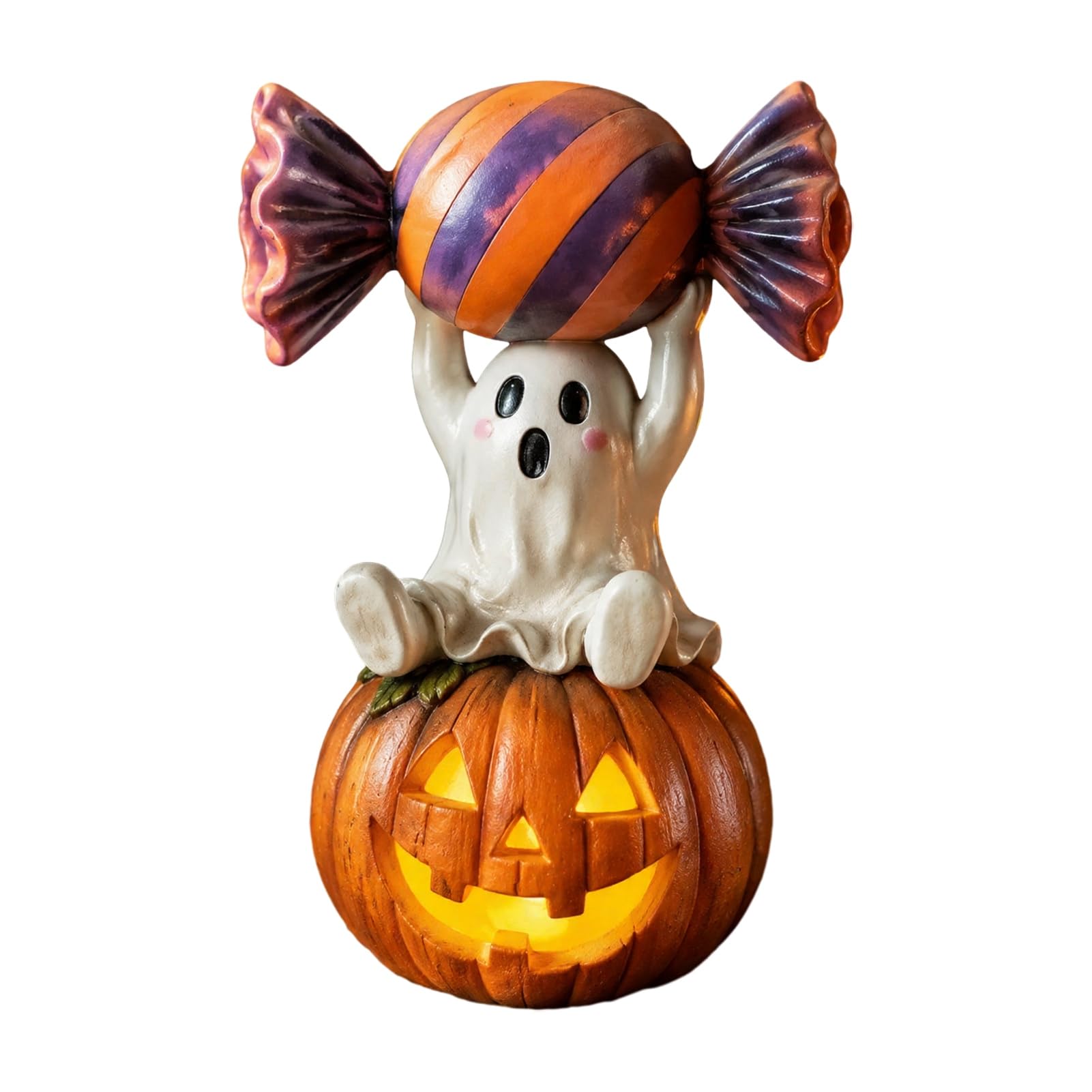 Quoravel Zentriva Halloween Ghost Figurine, Cute Ghost Sitting on Pumpkin Holding Candy Statue, Spooky Resin Table Ornament Decor A