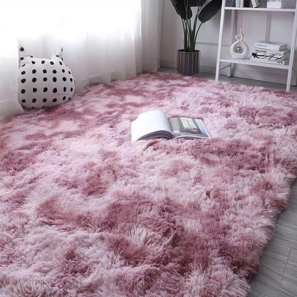 Tapis de chevet doux lavable pour chambre | Finition fourrure blanc et rose