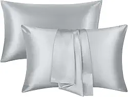 Conjunto de 2 fronhas de cetim de seda tamanho padrão com fecho de envelope presentes amigos da pele e cabelo para mulheres homens 50,8 cm x 76,2 cm cinza claro