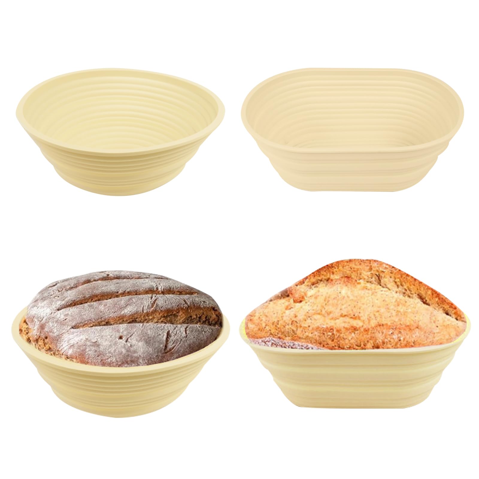 OBEST Lot de 2 paniers de fermentation en silicone - Ovales et ronds - Panier de fermentation pliable en silicone - Convient pour le pain au levain et la pizza