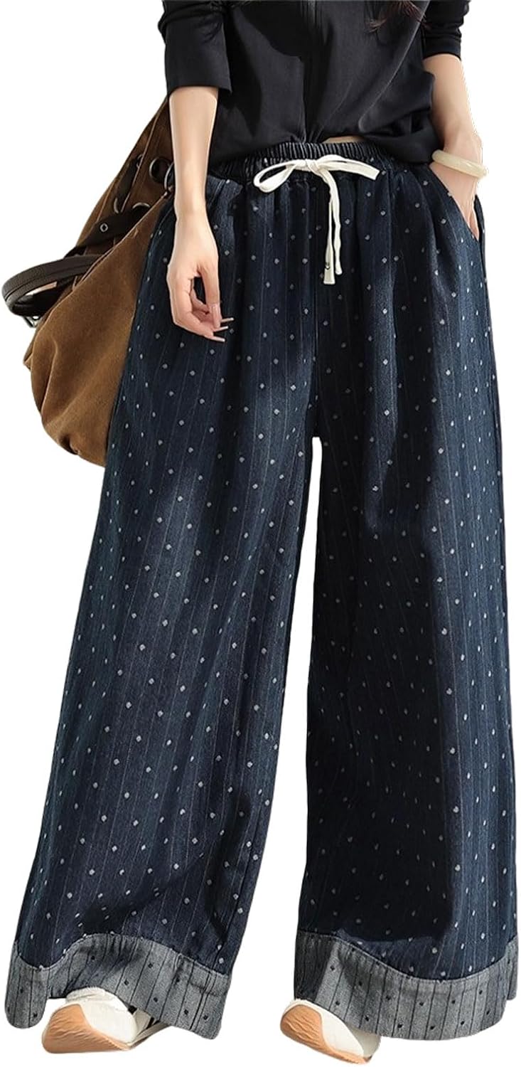 CHARTOU Wide Leg Denim Pants for Women Baggy Boyfriend Jeans Elastic High Waist Polka Dot Trousers