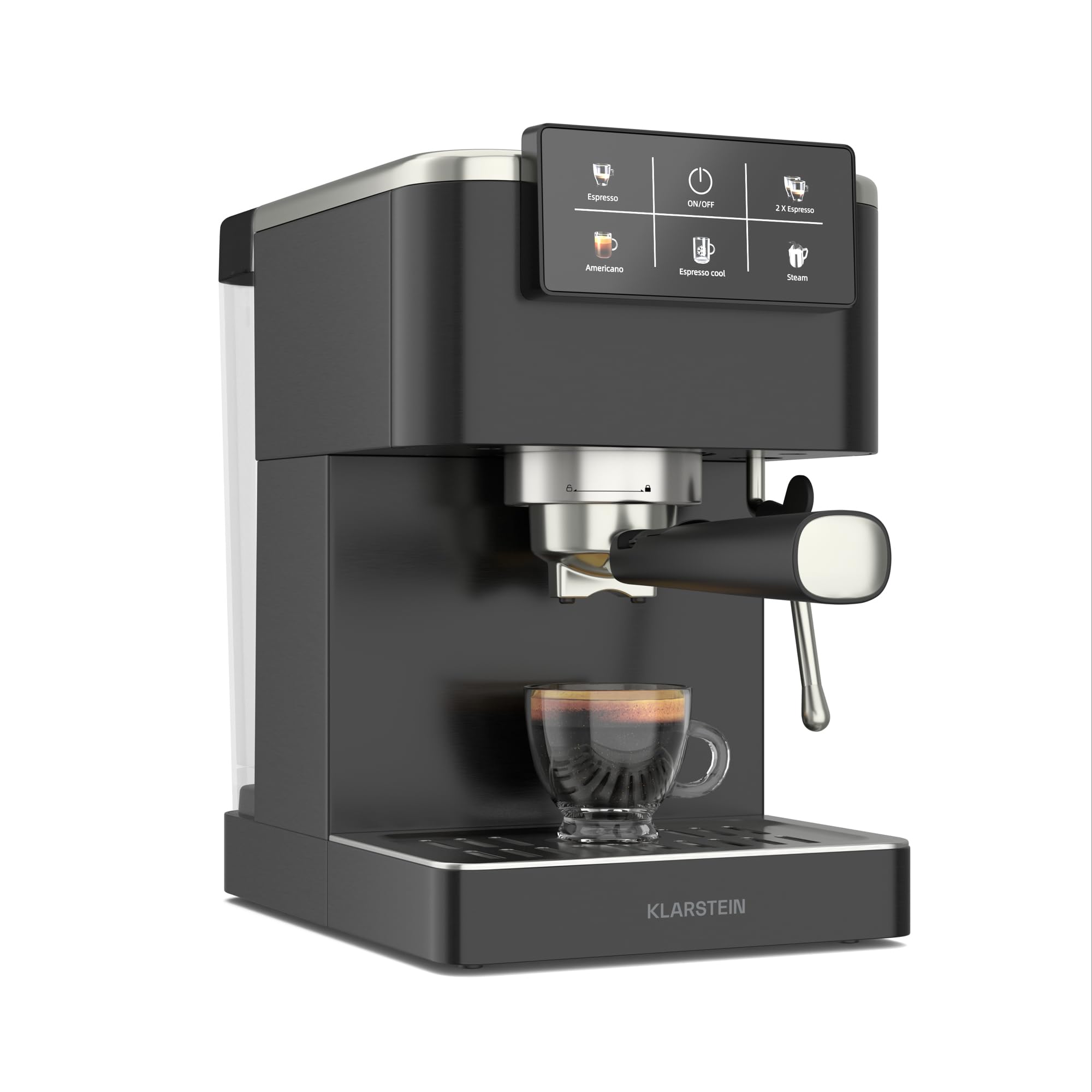 Klarstein SteelPresso Touch Siebträgermaschine – 20-Bar, 1350 W, Edelstahl, 1,5-L-Wassertank, Touch-Display, Integrierter Milchaufschäumer, Kompaktes Design, Kaffeemaschine