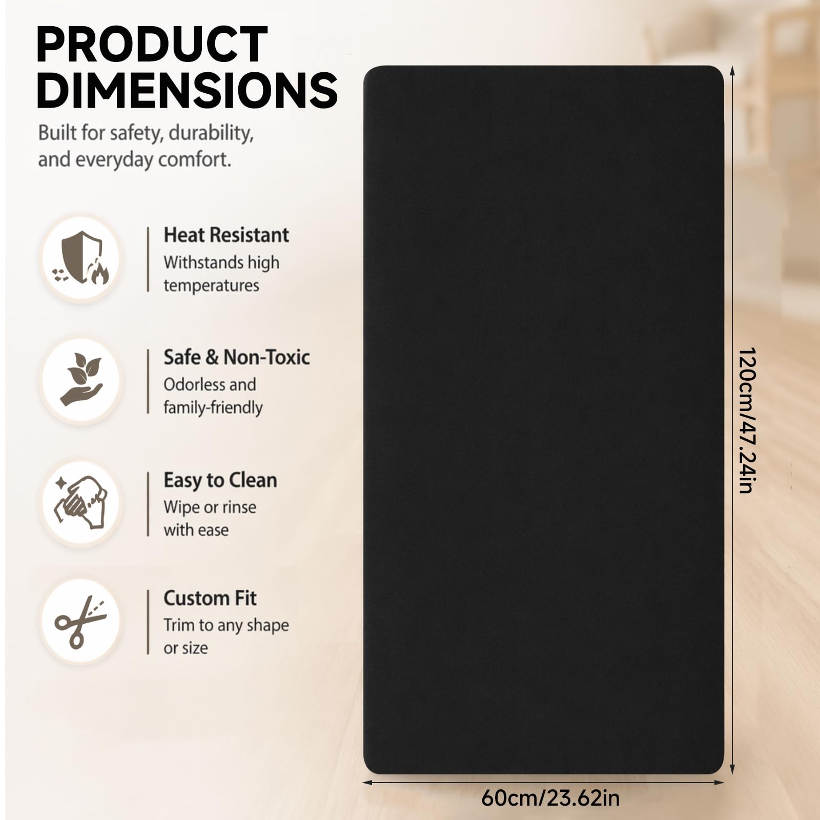 Tappetino in silicone grande, 120 x 60 cm, nero, 0,2 cm, extra spesso, antiscivolo e impermeabile, tappetino per lavori artigianali, base in silicone per cucina, artigianato, banco da lavoro