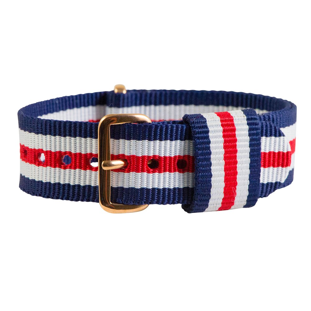 Clockwork Synergy, LLC 18mm Ballistic Rose Gold Nylon Loop Striped Navy Blue/Red/White Interchangeable Watch Strap Band