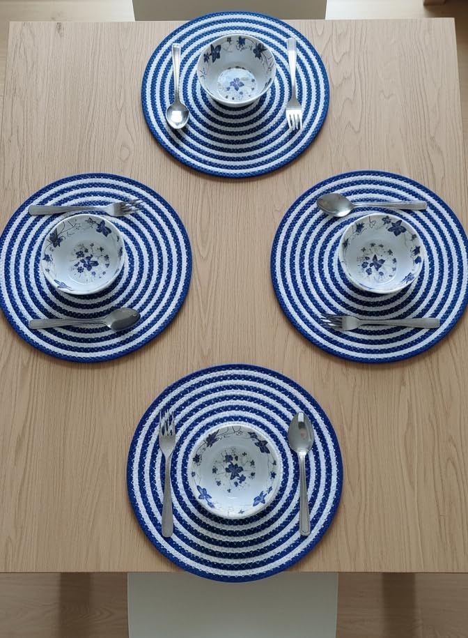 Image of Cotton Rope Placemats, Round Red with White Border, Set of 4, Heat Resistant Table Mats (Blue White)