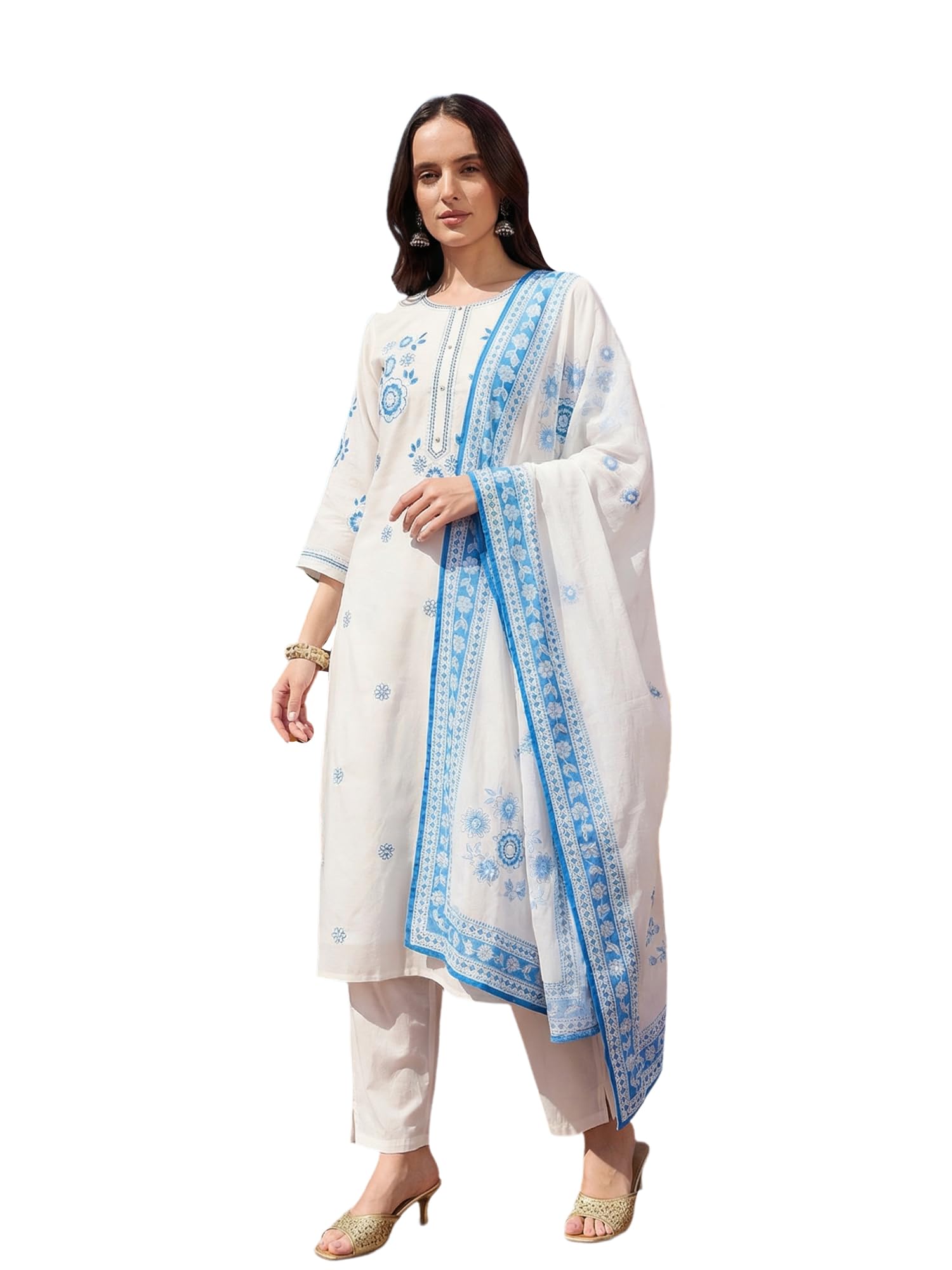 indo era Women's Pure Cotton Floral Embroidered Calf Length Straight Round Neck Kurta & Pant with Dupatta Set (HOLAI11812)-picture-35