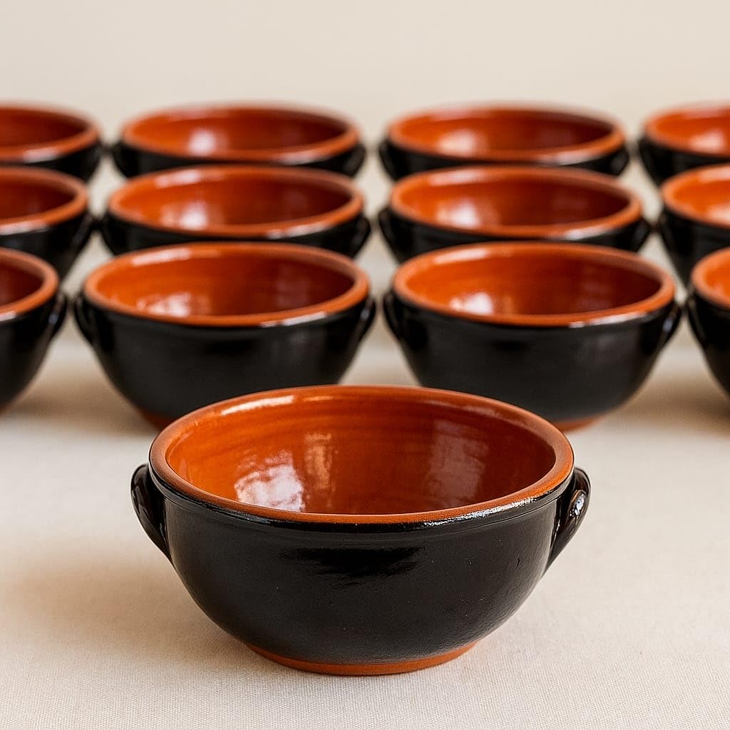 Set 12 Tegamini Terracotta Bicolore 14cm - Ciotole Ceramica con Manici Nero Marrone - Altezza 5cm Tapas Antipasti Contorni Primi - Artigianali - Ebook Omaggio