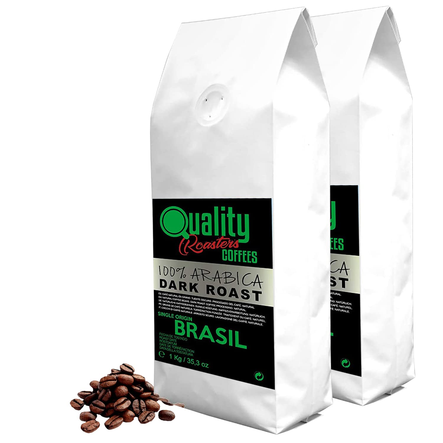 Café en grano natural. Dark Roast. 100% Arabica. Origen único Brasil. Tostado artesanal. Tueste Oscuro. (2 Kg)