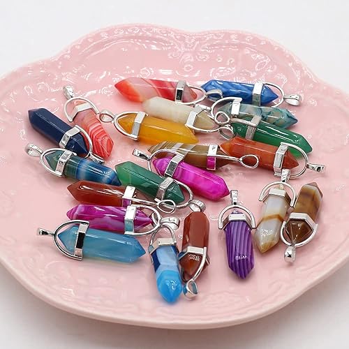 Miniatura 5 de LE SKY 20 colgantes de ágata puntiaguda natural con rayas puntiagudas para hacer joyas, collares, pulseras, Plata Ágata