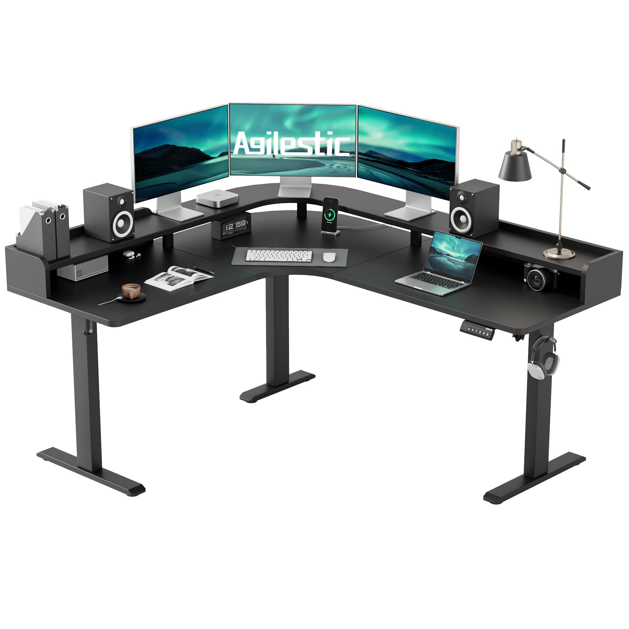 Photo 1 of Agilestic L Shaped Standing Desk, Corner Desk with Monitor Shelf, Adjustable Height Gaming Table, Sit Stand Up Table, 63 x 55 Inch Home Office Computer Workstation, Splice Board, Black