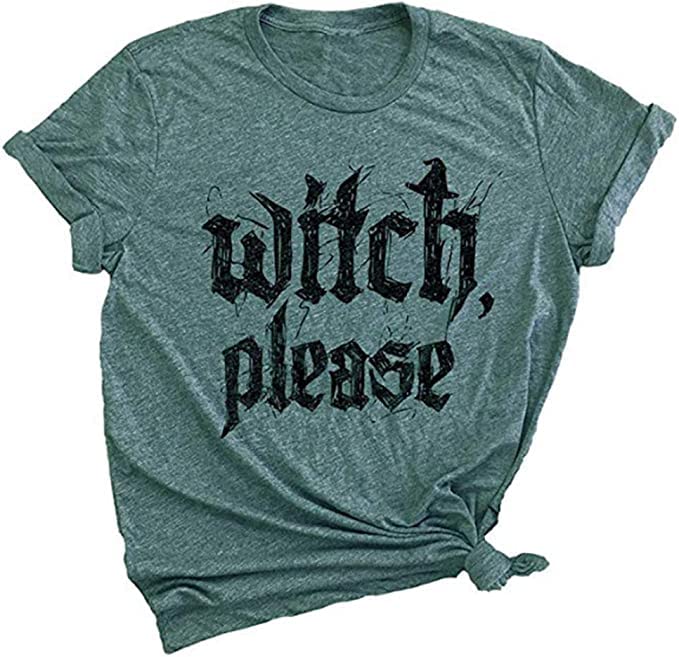 kfulemai Womens Halloween T-Shirt Funny Short Sleeve Witch Please Graphic Tees Tops(XL,Green)