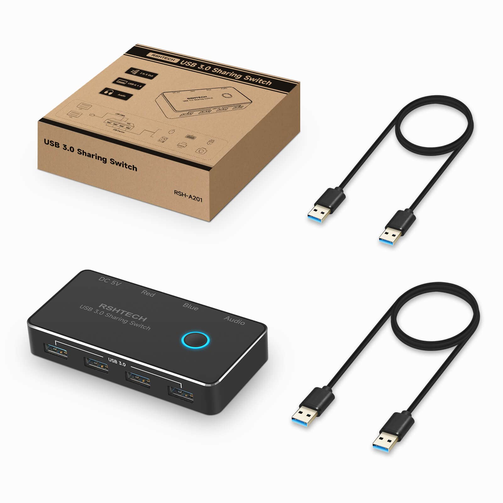 Interruptor USB 3.0  Selector de interruptor USB de aluminio con 4 puertos USB 3.0, conector de audio de 0.138 in, 2 computadoras que comparten 5 dispositivos periféricos, concentrador de 8