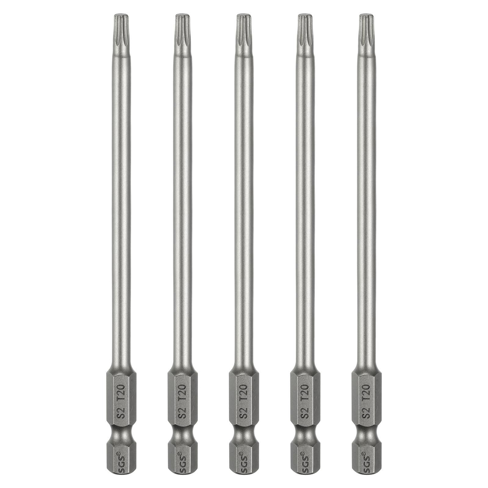 HARFINGTON 5pcs T20 Torx Head Screwdriver Bit 1/4" Hex Shank 4.3" (110mm) Long Magnetic No Hole Tip Tamper Proof 6 Point Star Screw Driver Drill Bits