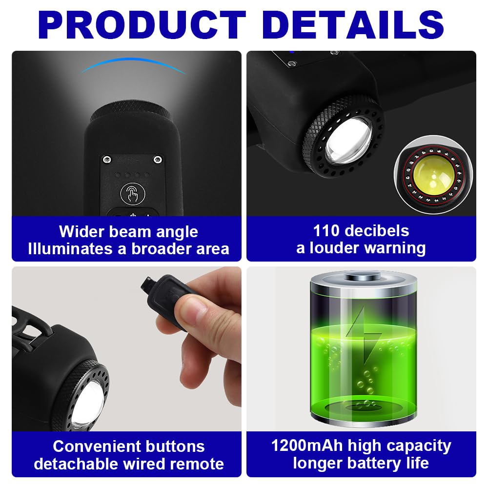 Campanello Bici Elettrico, Clacson Bici Elettrica Con Luci per Bicicletta, 6 modalità sonore, 4 modalità di illuminazione, Ricaricabile tramite USB, Impermeabile, Per monopattini elettrici, MTB
