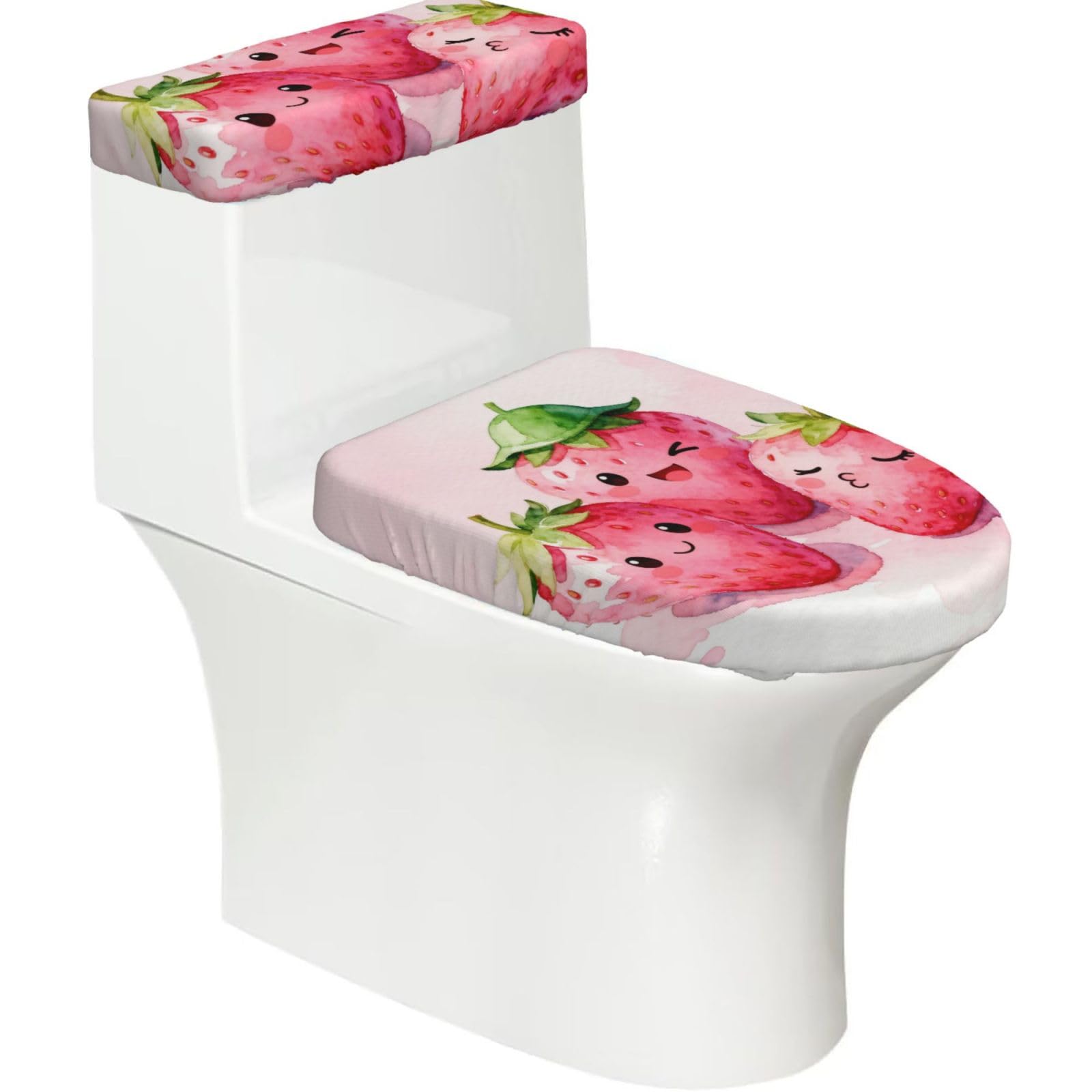 Smiling Strawberry Elastic Toilet Cover Set of 2-Stretchy Lid and Tank Covers for Bathroom, Soft Washable U Shape Toilet Decor