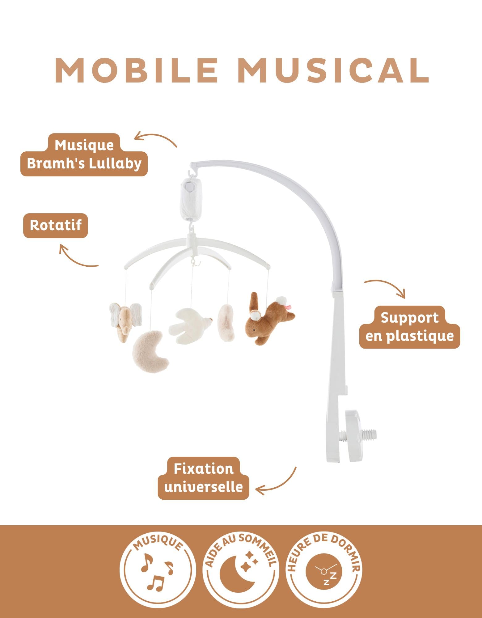 NOUKIE’S – Giostrina musicale in legno – Bali, Moka & Snow – Melodia di Brahms – Compatibile con culla, lettino con sbarre e box – Ideale dalla nascita per calmare il bambino
