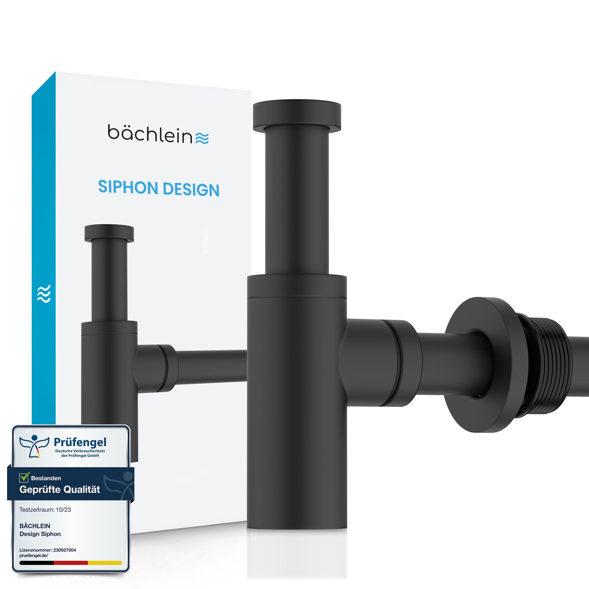 Bächlein Siphon Universel pour Lavabo et Évier – Bonde de Lavabo Design – Siphon Adaptable – Siphon Anti-Odeur avec Orifice de Nettoyage + Mode d’Emploi - Mat Noir