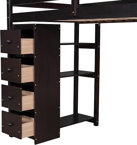 Miniatura 8 de SIYSNKSI Cama loft multifuncional de tamaño individual con 4 cajones de almacenamiento y escritorio y estantes marco de cama loft de madera con