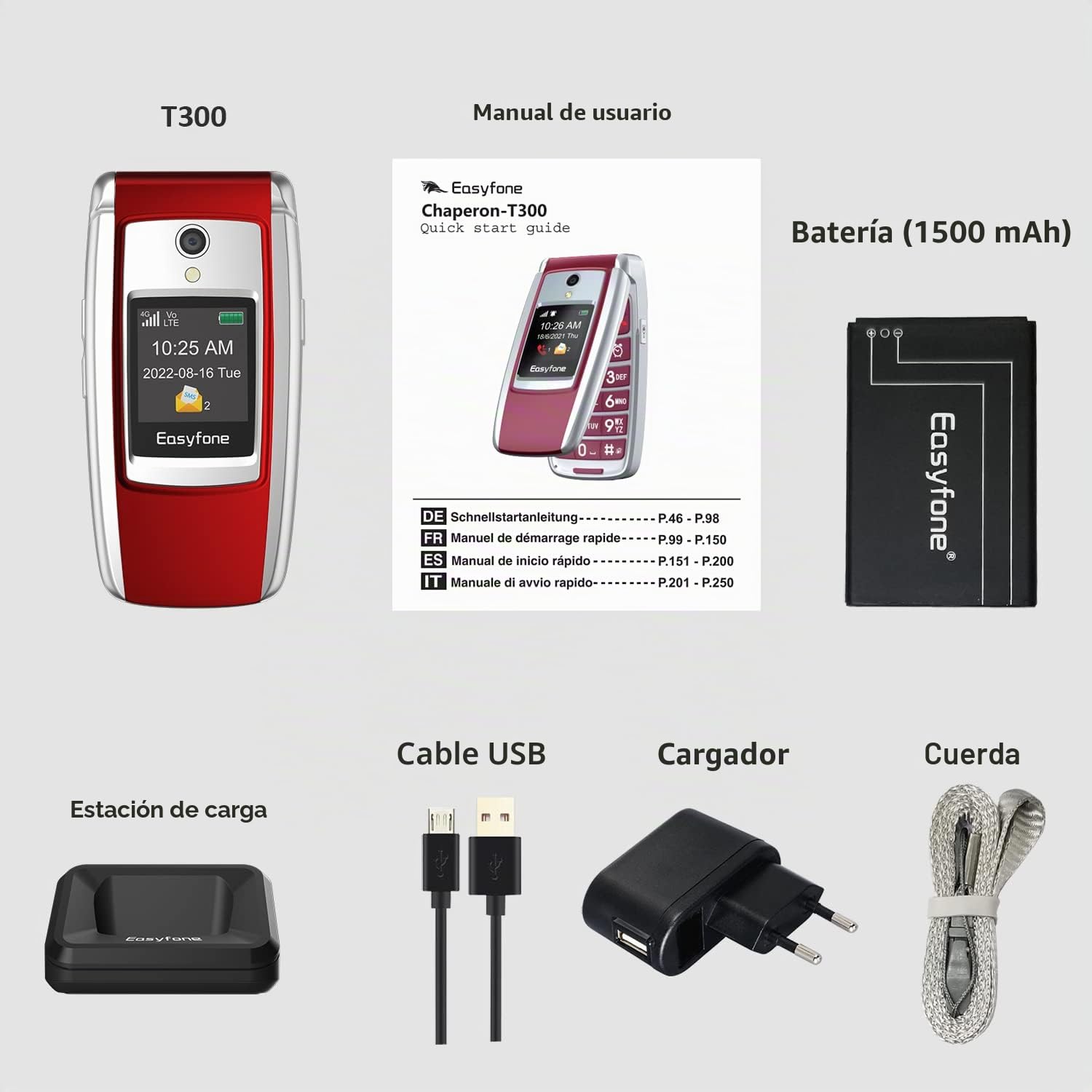 Easyfone T300 4G Teléfono Móvil para Mayores con Tapa y Teclas Grandes, Audífonos Compatibles, Botón SOS con GPS, Cámara de 2.0MP, Telefono Fácil de Usar para Ancianos con Base de Carga (Rojo)