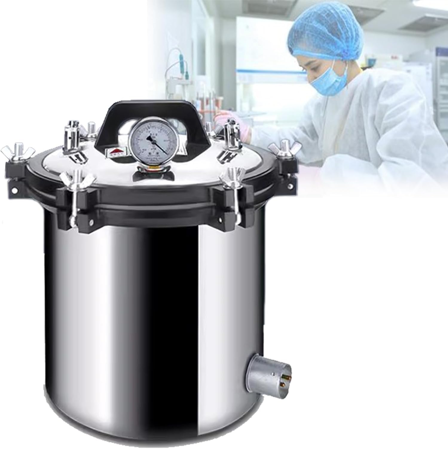 Sterilizzatore Portatile per Autoclave A Vapore in Acciaio Inossidabile con 2 Valvole, Sterilizzatore A Vapore Ad Alta Pressione Anti-ustione A Secco per Laboratori, 24L