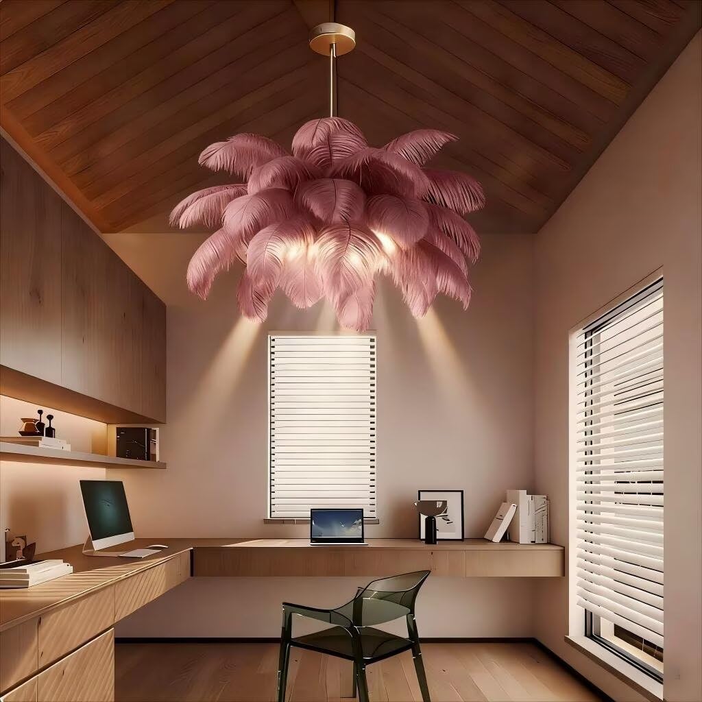 Feder-Kronleuchter, Bohnenpaste-Farbe-Flauschiger Lampenschirm Modernes LED-Pendelleuchte 6-Lichter 4500K, Naturel Feder-Deckenleuchte, für Wohnzimmer Schlafzimmer Kinderzimmer Creative Decor, φ-100cm