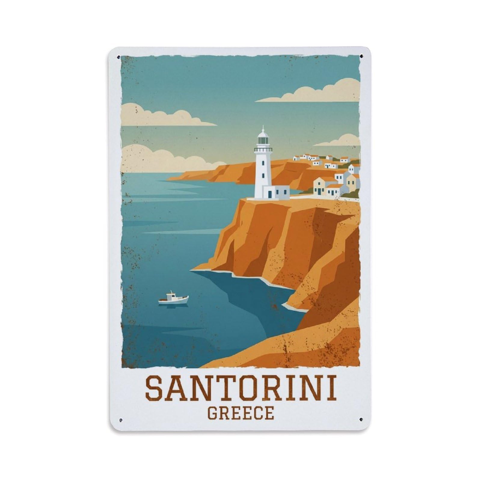 Fyrn Style Metal Tin Sign Vintage Travel Santorini Greece Lighthouse