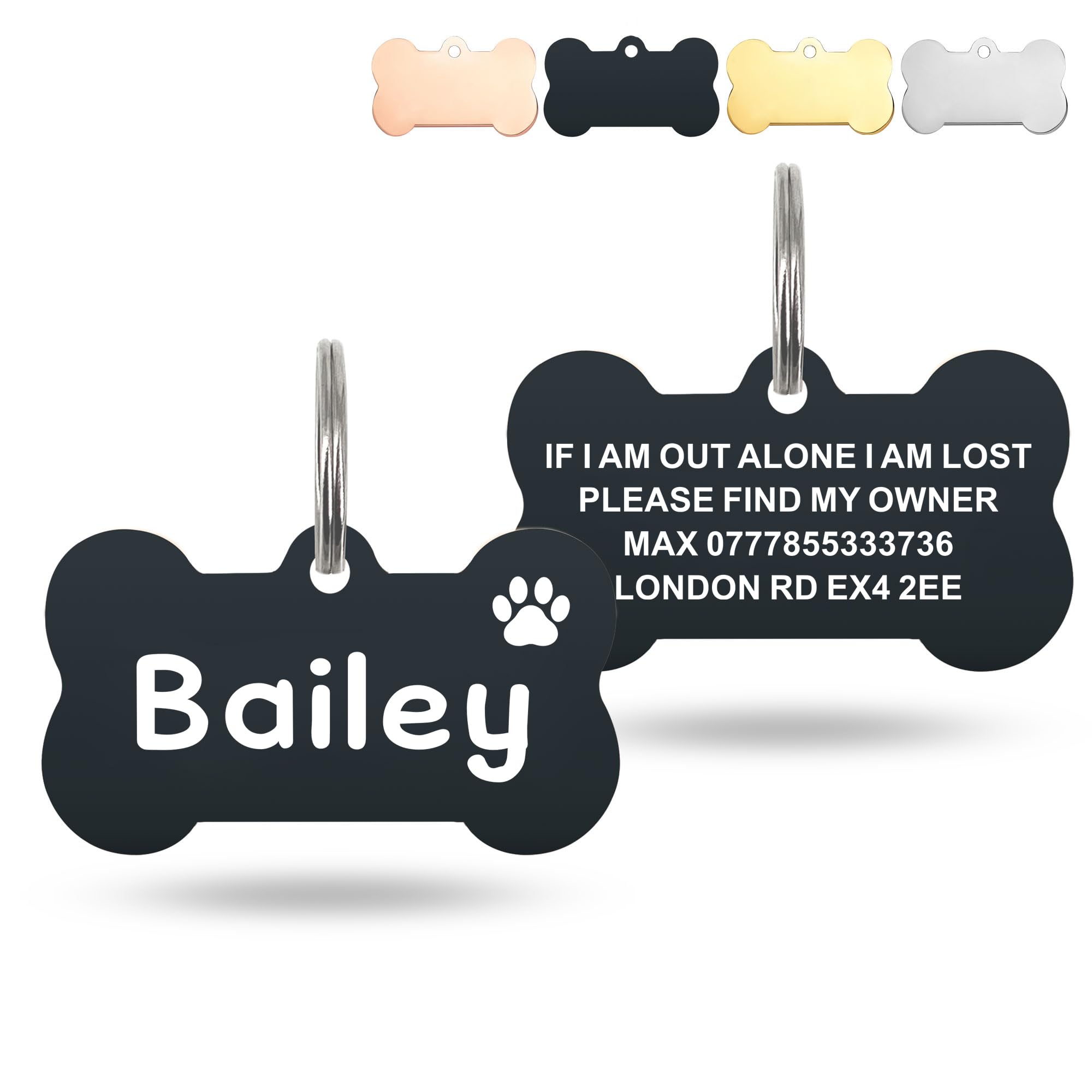 Deep Engraved Dog Tags for Pets UK Prime, Personalised Cat Dog Name ID Tags, Stainless Steel Pet Tag for Doggy Kitten Kitty Puppy, Scratch Resistant Tag (Black Bone, L)