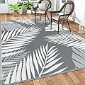 GENIMO Outdoor Rug 5' x 8' Waterproof for Patios Clearance, Reversible Plastic Straw Camping Carpet, Large Area Rugs Mats for RV, Picnic, Backyard, Deck, Balcony, Porch, Beach, Grey&White