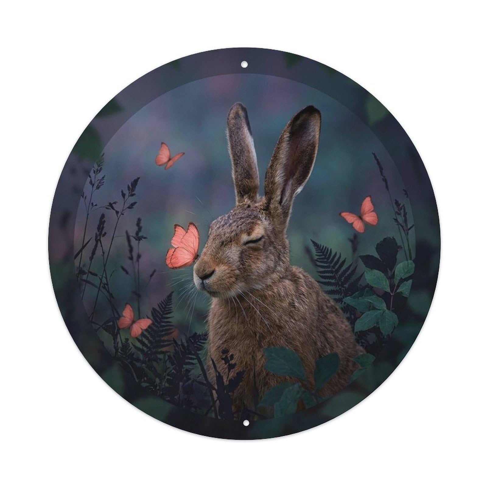 Wild Hare Coral Butterfly Cute Wildlife Meadow Woodland Kawaii Metal Tin Sign Plaque Wall Decor for Cafe, Man Cave, Club Bar, Office, Home Garden Round Metal Poster 8x8Inch
