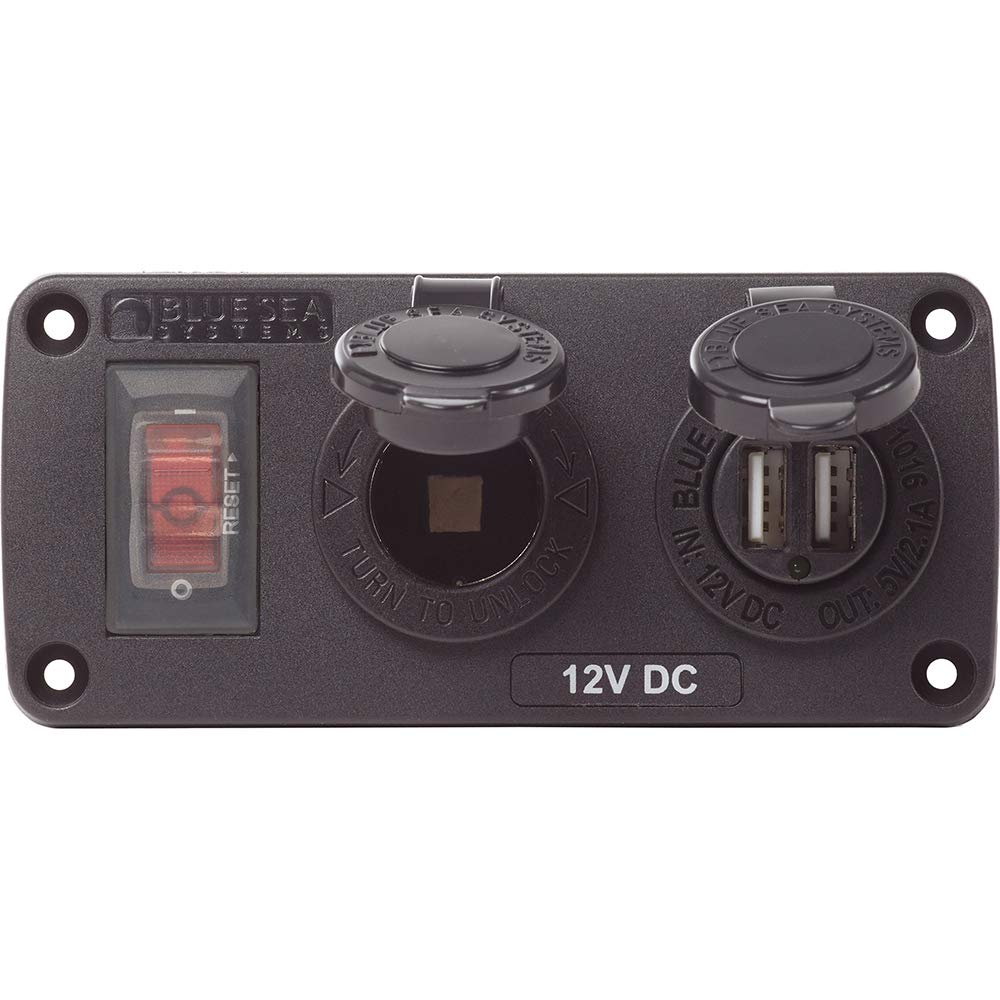 Blue Sea Systems 4363 Pannelli Accessori Resistenti all'Acqua, Interruttore Automatico 15A, Presa 12V, Caricatore USB Doppio 2.1A