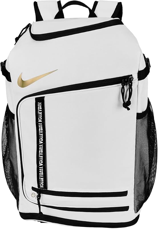 Volleyball Backpack, White/Black/Metallic Gold, One Size Fits Most | 32L volleyball backpack with ventilated shoe compartment, ball-carrier pouch, and internal 15-inch laptop sleeve