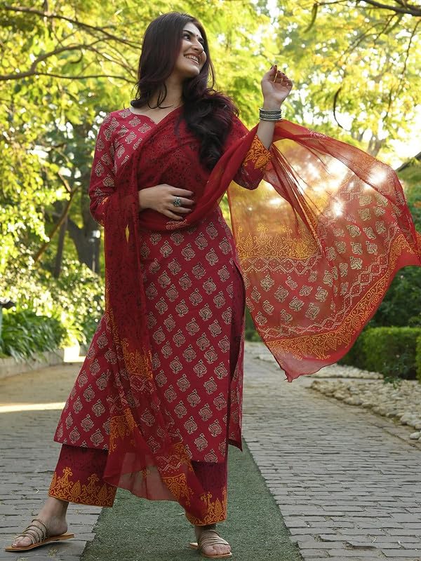 Pinkmint Kurta Set For Women Motifs Straight Printed Straight Kurta & Pant With Dupatta Maroon