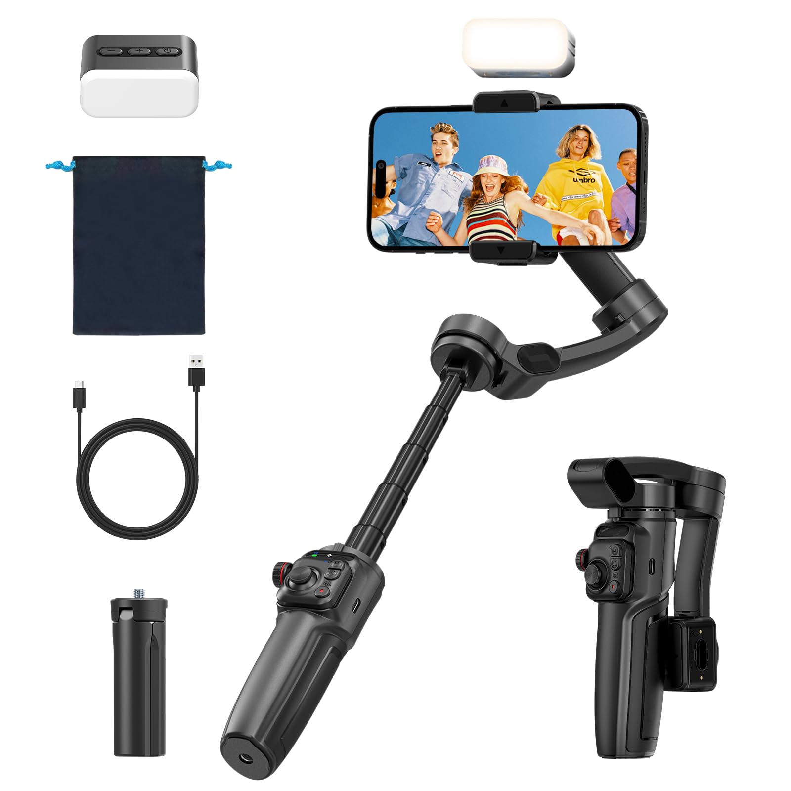3-Axis Phone Gimbal Stabilizer for iPhone and Android with Magnetic Fill Light, Foldable Handheld Smartphone Gimbal with Extension Rod, 6H Battery,