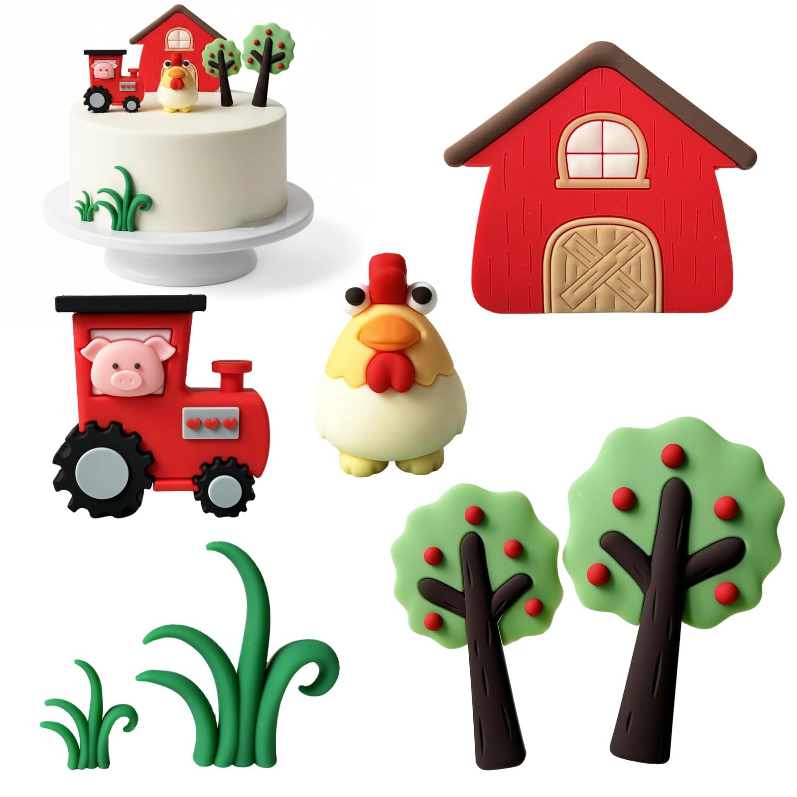 7 Pcs Farm Cake Toppers, Animal Cake Decorations Set for Birthday Parties, Includes Tractor, Cow, Chicken, Trees and Grass, Perfect for Farm Themed Celebrations