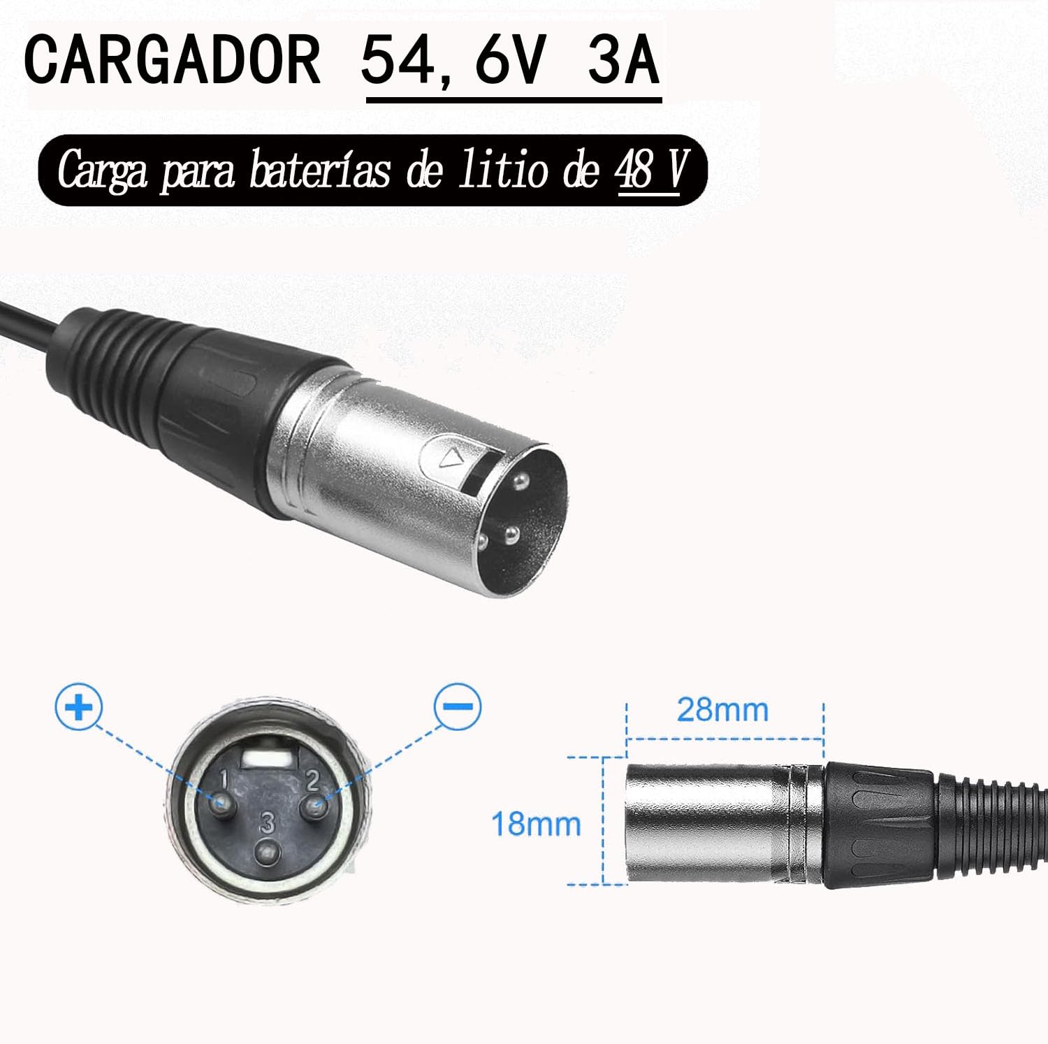 QDD Caricabatterie da 54,6 V, 3 A, caricabatterie intelligente per batteria al litio 48 V, 3 A, custodia in alluminio argentata, con uscita ventola di raffreddamento, connettore XLR