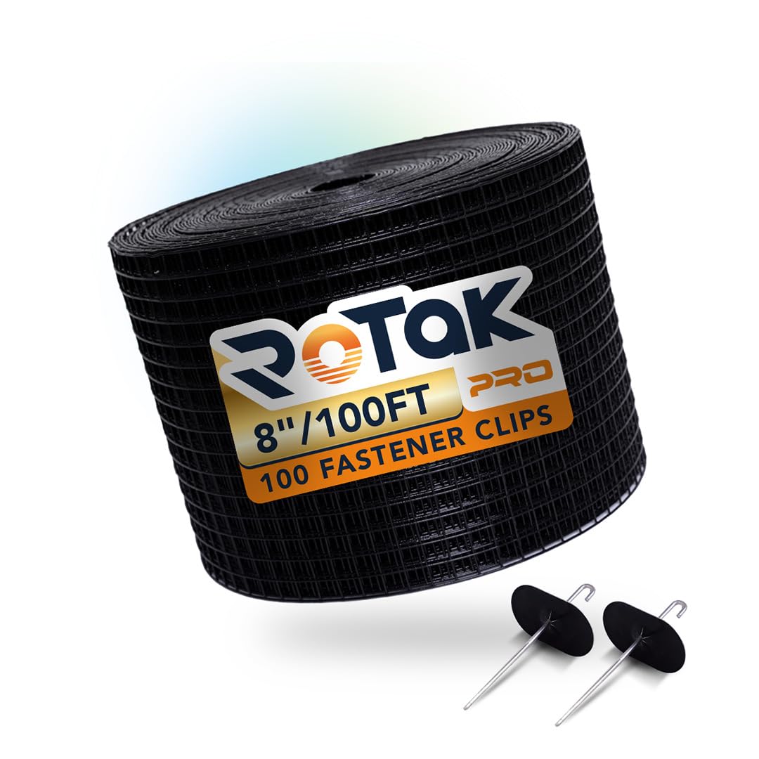 Rotak Critter Guard PRO - 8in x 100ft Solar Panel Bird Prevention Roll Kit with 100 Fastener Clips - Heavy Duty Galvanized Black PVC Coated ½ inch Wire Roll Mesh (8