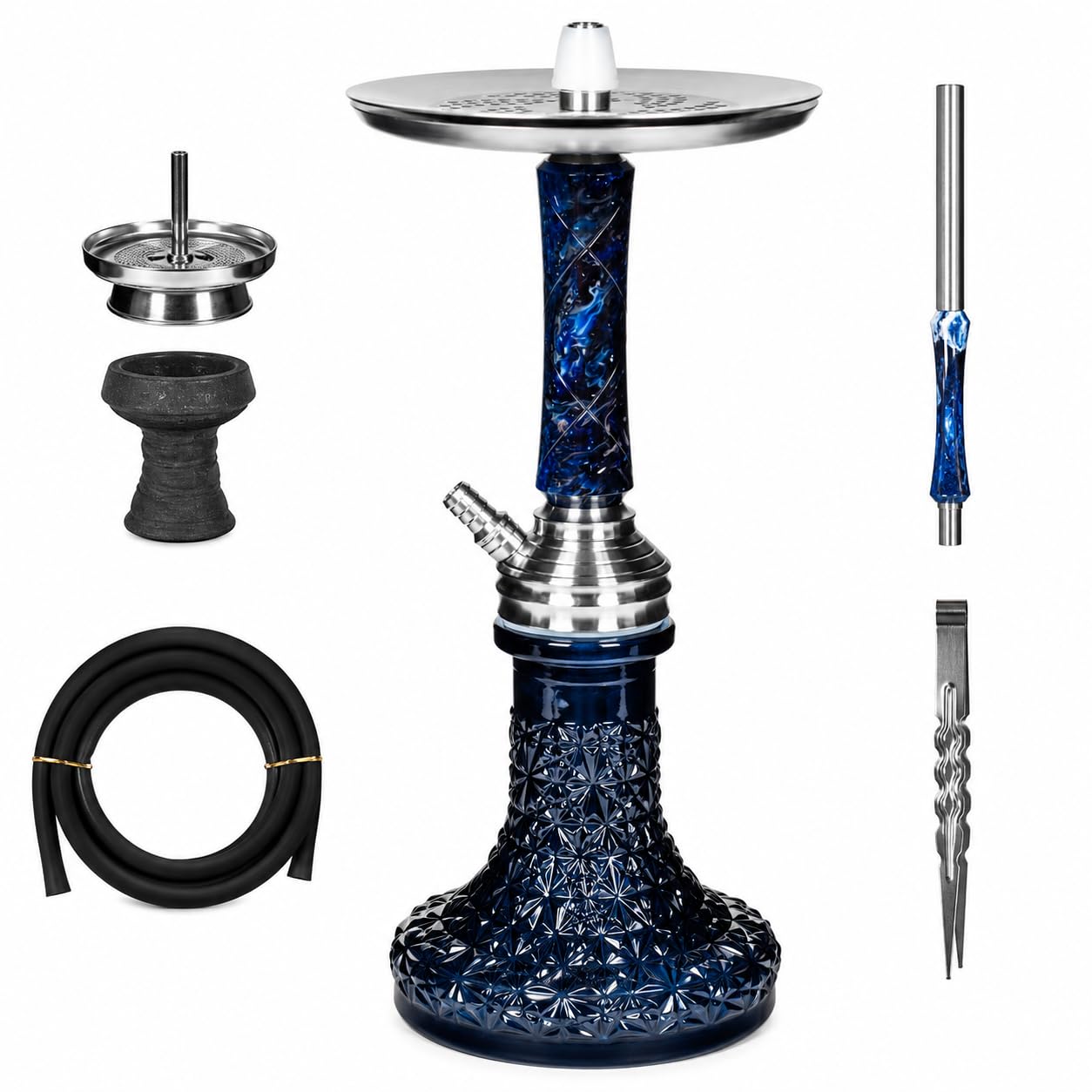 Secret - Juego completo de cachimba epoxi de acero inoxidable con sistema especial de descarga, incluye manguera de 150 cm con boquilla de epoxi y muchos accesorios