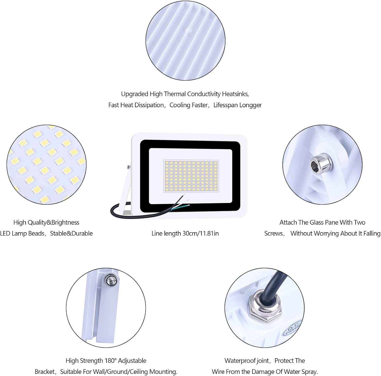 MIHEAL 2 Pack White 110V 100W LED Flood Light,Cool White, IP68 Waterproof Super Bright Security Lights, Outdoor Floodlight for Yard, Garden, Playground, Basketball Court
