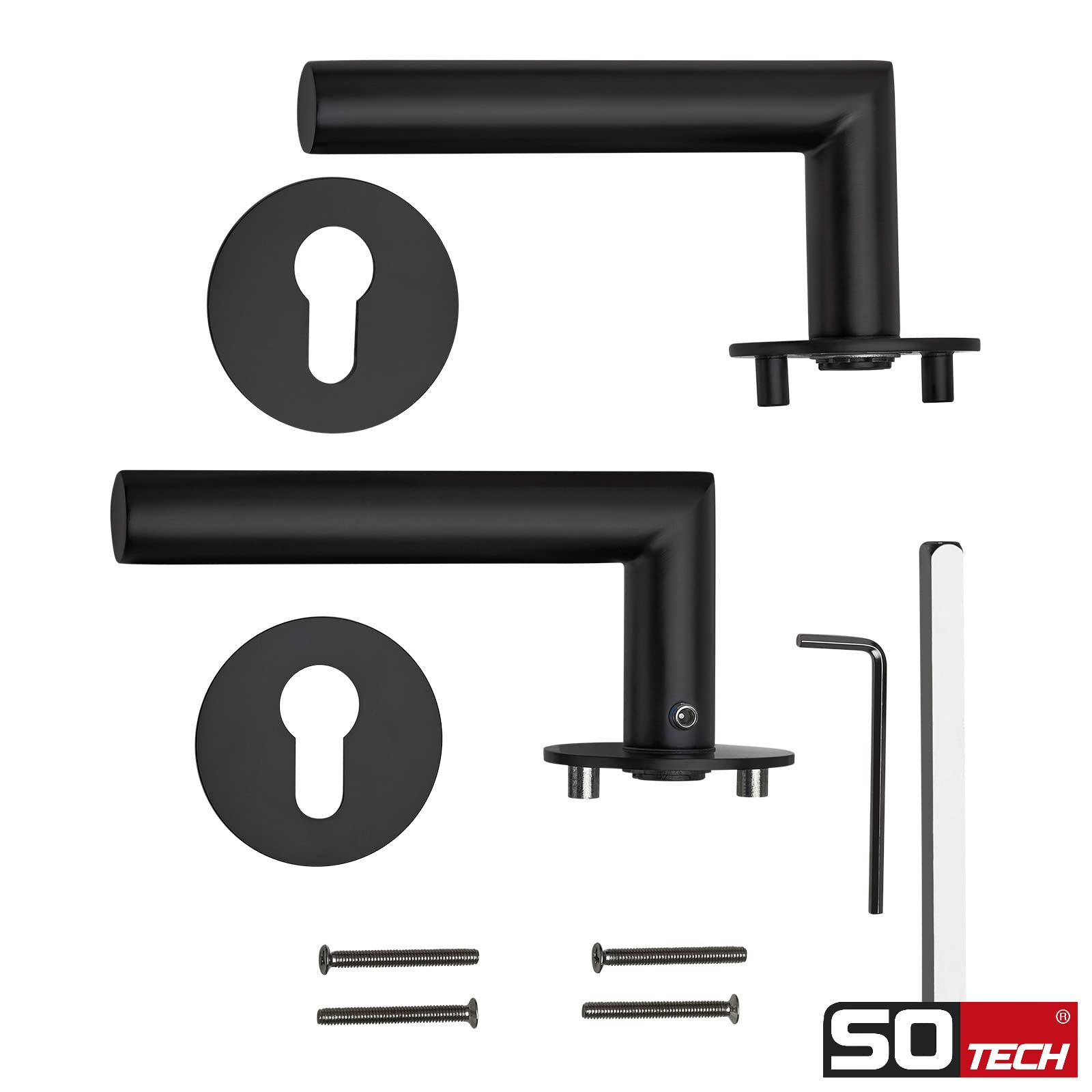 SOTECH Set di maniglie a leva THORE cilindro profilato (PZ) in acciaio inox SS304 nero (130x60 mm Ø 20 mm, porte spessore 35-52 mm, altezza 3 mm, clip magnetica) con materiale di fissaggio