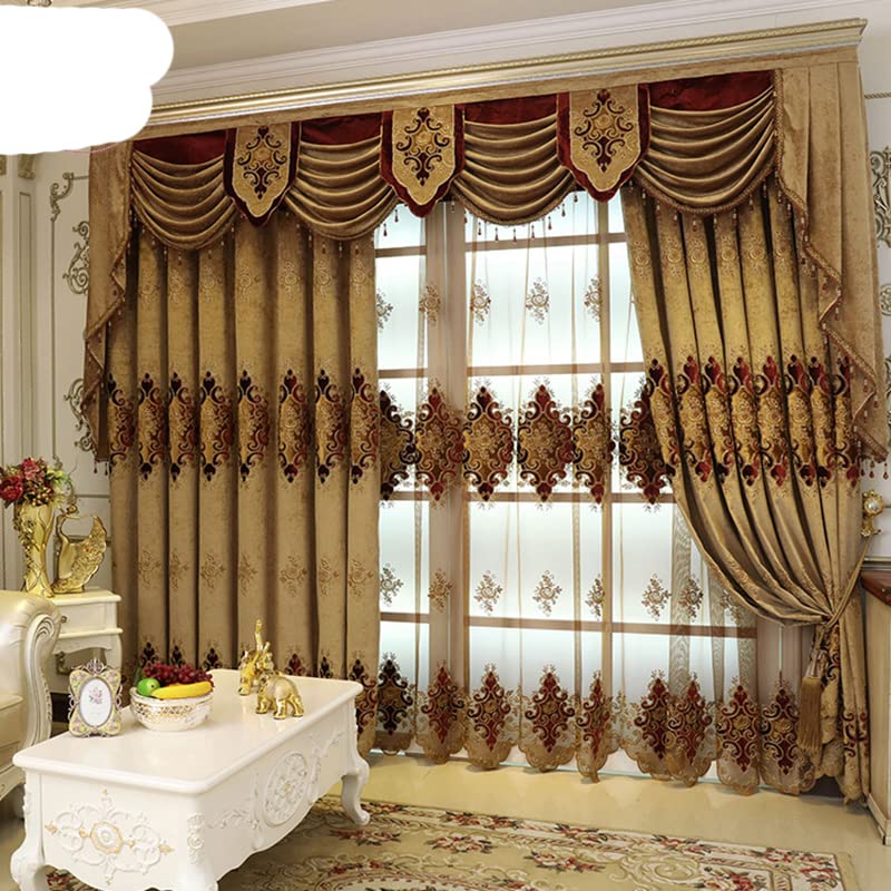 Rideaux brodés de Luxe européens pour Le Salon Rideaux pour Chambre à Coucher Marron Tulle Fenêtres Blackout Toile de Fond Valance-Tulle,W250cmxL250cm 1PC,Pull Plissé Tape
