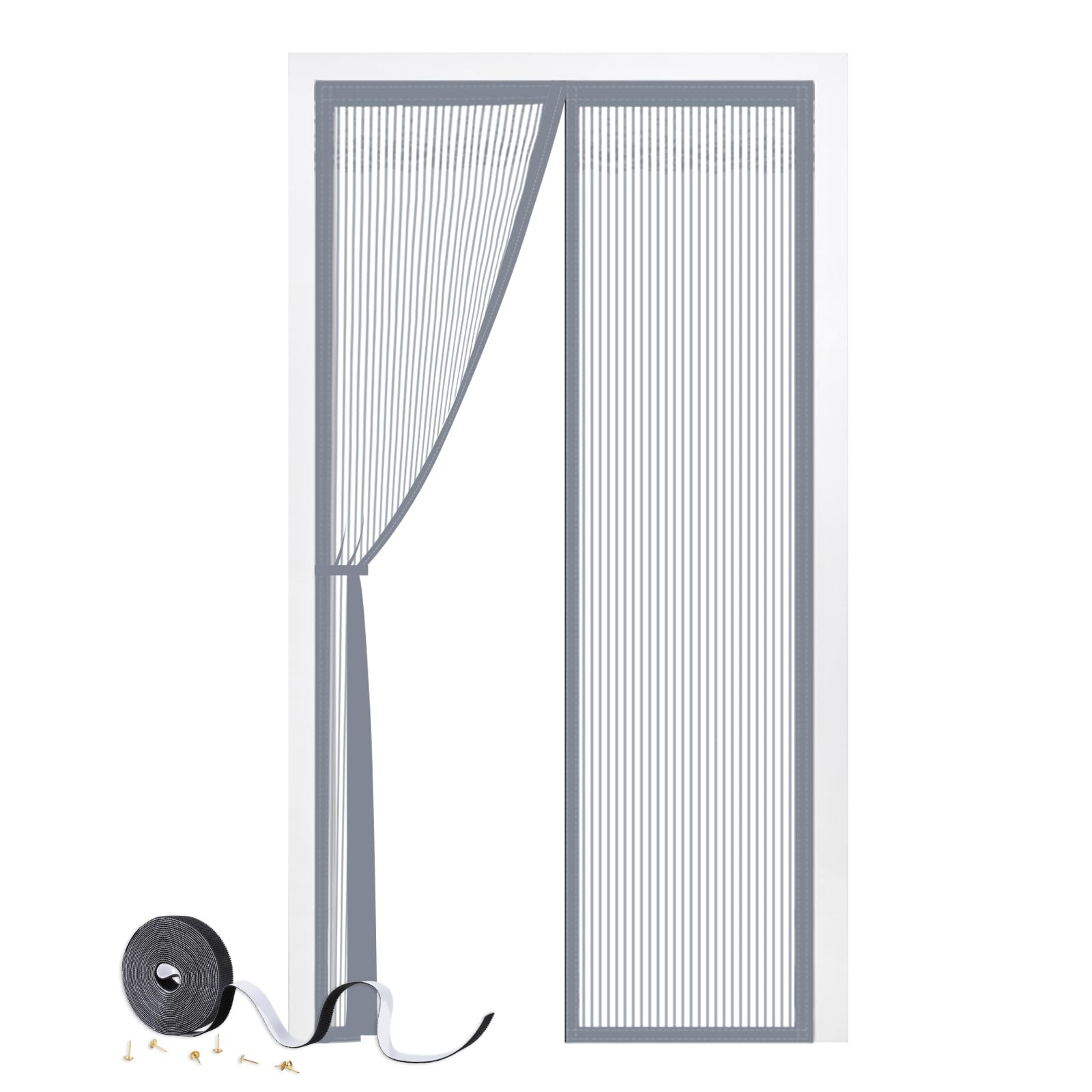 Smaluck Grey Magnetic Door Screen, Heavy Duty Fly Door Screen Mesh With Powerful Magnets, Durable Mesh Curtains Keeps Bugs Out, Frame Hook & Loop, Kid And Pet Friendly (90 X 210 Cm, )