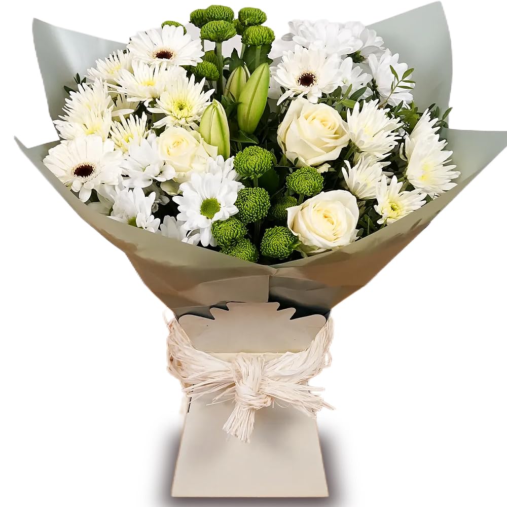 White Simplicity Hand Tied Bouquet - Fresh Flowers - Ideal for Birthdays, Anniversaries, Thank You Gifts